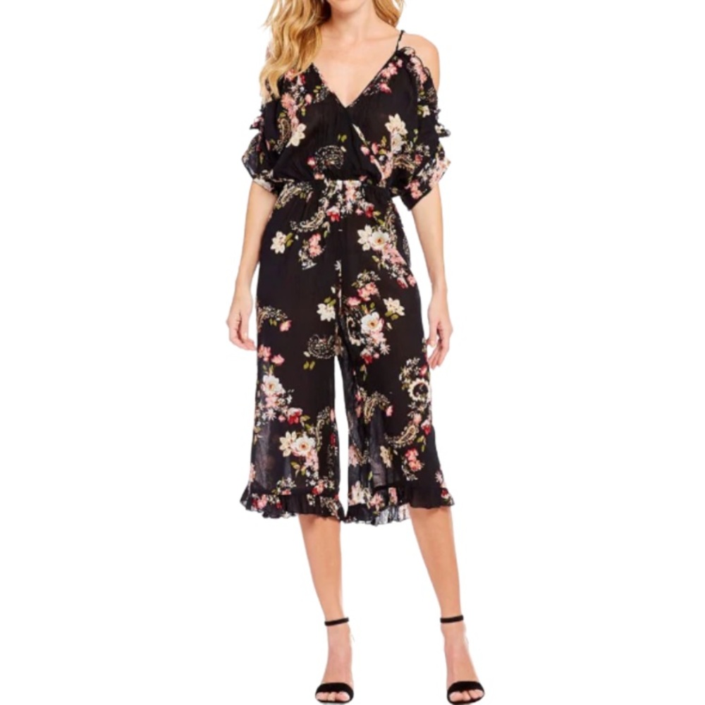 Patrons Of Peace Black Pink Floral Prints Cold Shoulder Cropped Romper Sz Small